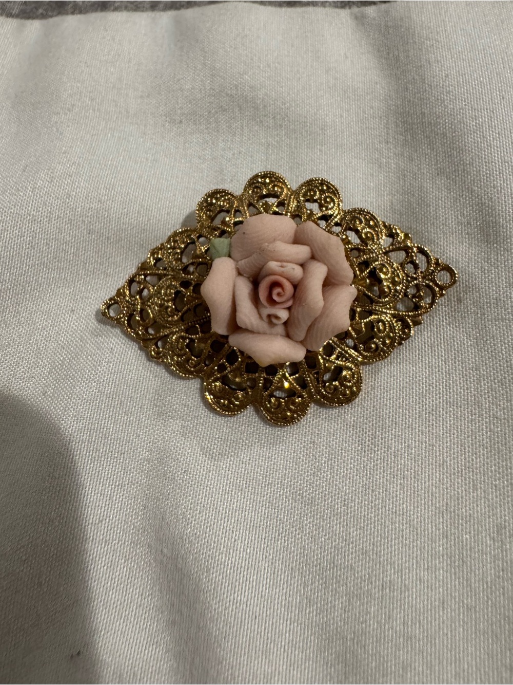 Vintage Gold Filigree Brooch with Blush Pink Porcelain Rose